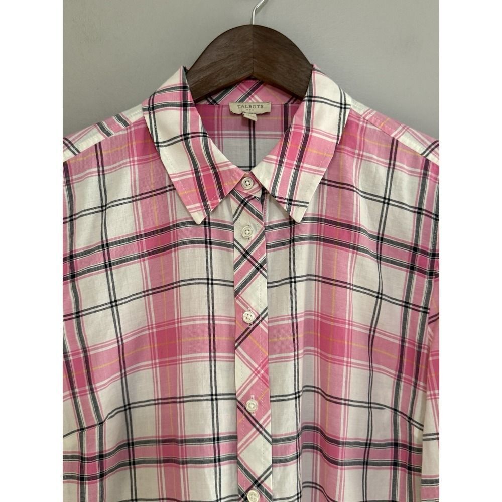 Talbots Plaid Cotton Shirt Button Up Collar Lightweight Classic Preppy Pink Med - Picture 7 of 16